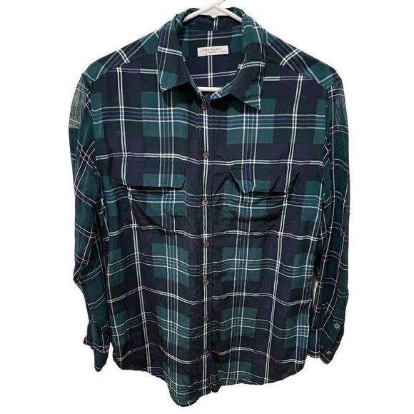 Equipment Femme Blouse Womens M Silk Chiffon Blue Plaid Prepster Pine Multi